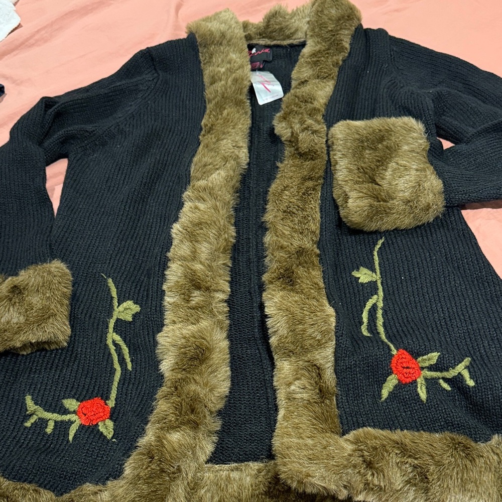 Women's Black Cardigan with Faux Fur Trim